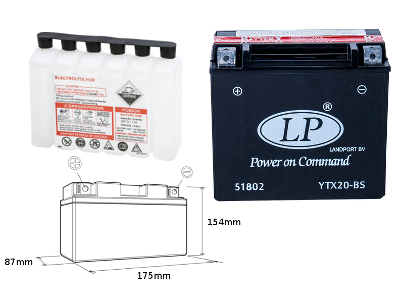 LANDPORT akumulátor YTX20-BS (MA LTX20-BS) 12V 18AH 175X86X154 bezúdržbový - elektrolyt zvlášť (2) UE48 - nahrazuje YTX20HBS L (YTX20H-BS)